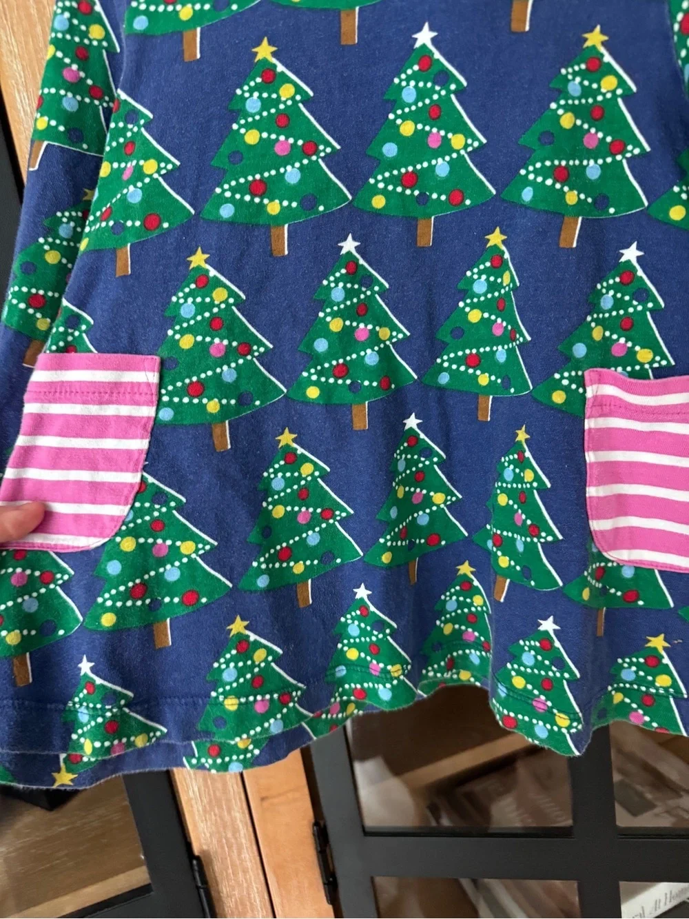 Mini Boden christmas trees dress long sleeve toddler girl navy striped pockets